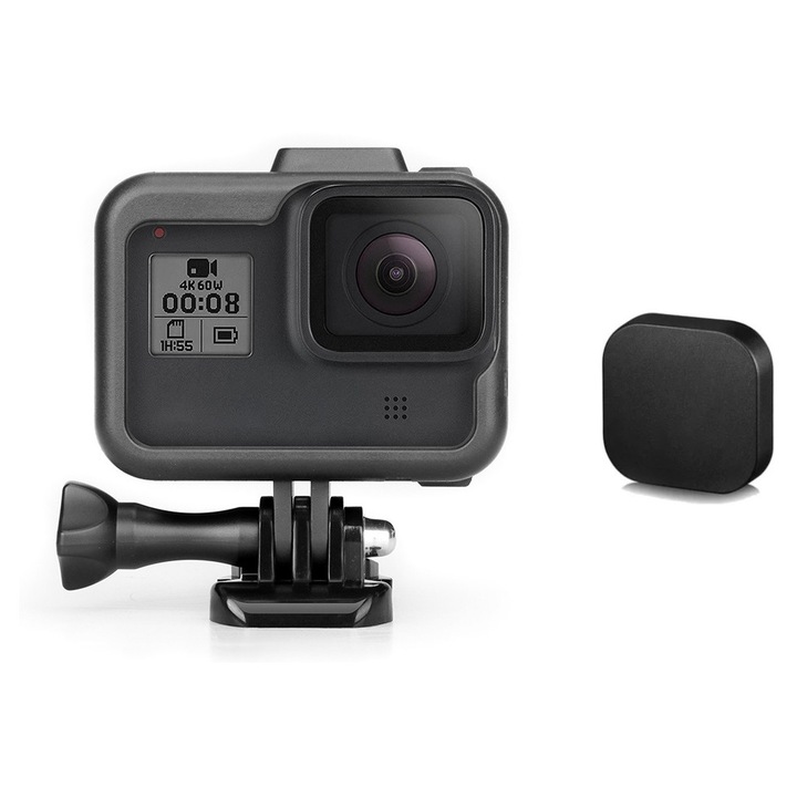 Sistemul de Prindere si Carcasa de protectie pentru GoPro Hero 8, impreuna cu Capac de Protectie pentru Lentila, rezistenta la socuri impreuna cu prindere QR si surub