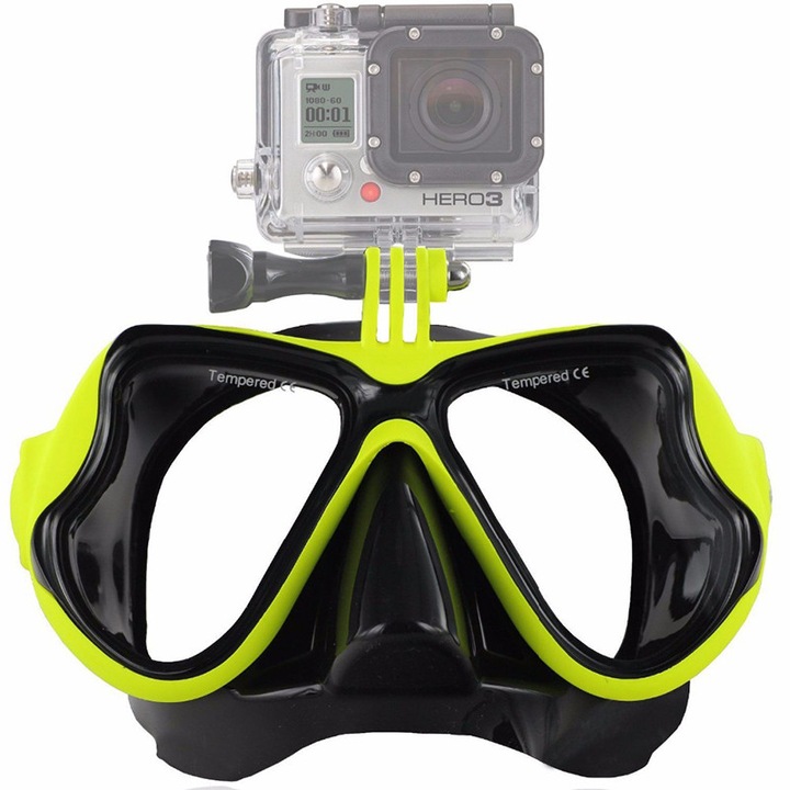 Ochelari scuba diving cu prindere pentru Camere Gopro, insta360, DJI, SJcam, Universal, pentru filmari subacvatice, impreuna cu husa/geanta de protectie/transport, Negru cu Galben