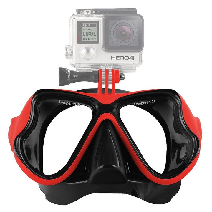 Ochelari scuba diving cu prindere pentru Camere Gopro, insta360, DJI, SJcam, Universal, pentru filmari subacvatice, impreuna cu husa/geanta de protectie/transport, Negru cu Rosu