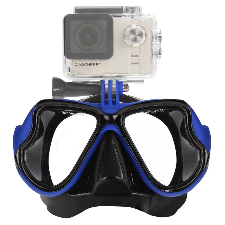 Ochelari scuba diving cu prindere pentru Camere Gopro, insta360, DJI, SJcam, Universal, pentru filmari subacvatice, impreuna cu husa/geanta de protectie/transport, Negru cu Albastru