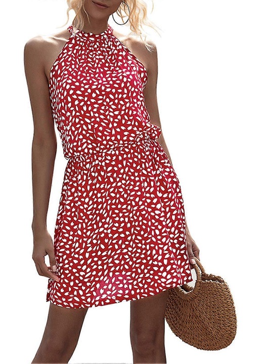 Rochie scurta de dama, guler tip halter, fara maneci, talie elastica, rosie, poliester, S INTL