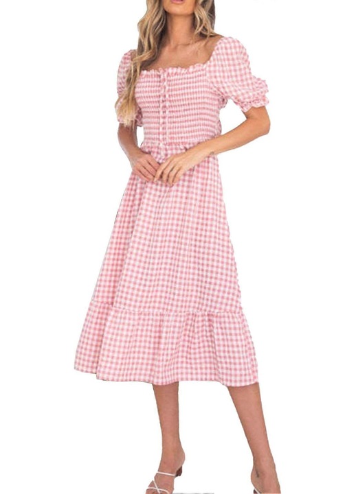 Rochie, imprimeu carouri, decolteu cu volane, maneci scurte bufante, roz, 50% bumbac, 50% poliester