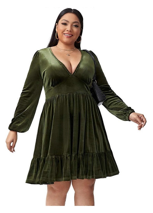 Rochie de catifea, verde, cu maneca lunga, decolteu in V, volane, scurta, tip swing, pentru cocktail/petrecere