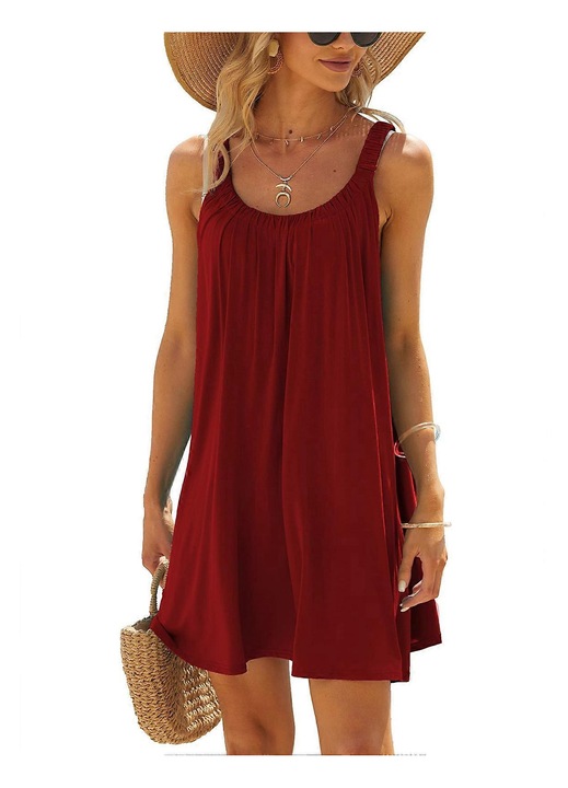 Rochie plisata de vara, guler rotund, fara maneci, burgundy, poliester