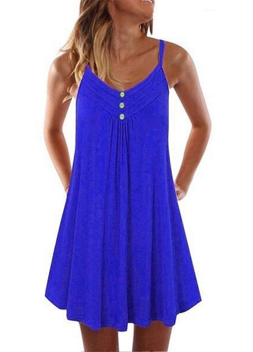 Rochie de dama, de vara, cu decolteu in V, nasturi, albastru deschis, fara maneci, bretele subtiri, XL INTL
