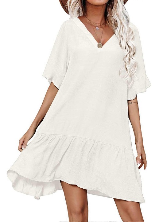Rochie plaja dama, decolteu in V, maneci scurte volan, alb, S-XL