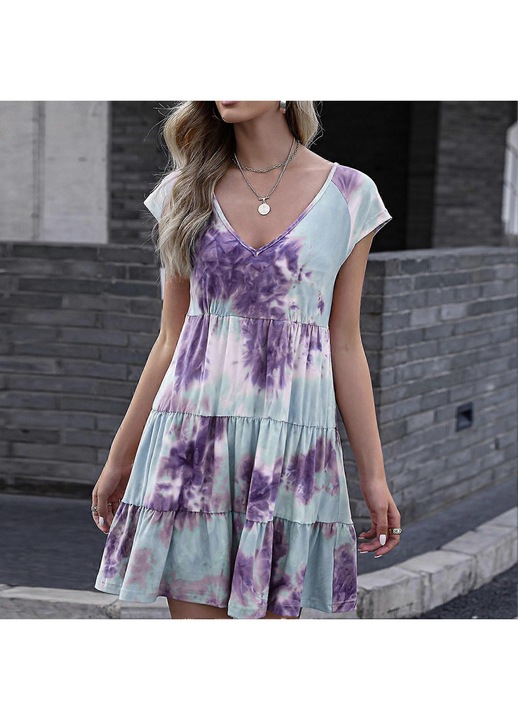 Alkalmi ruha, tie dye mintás, mély V-nyakú, rövid ujjú, lila, 95% poliészter, M INTL