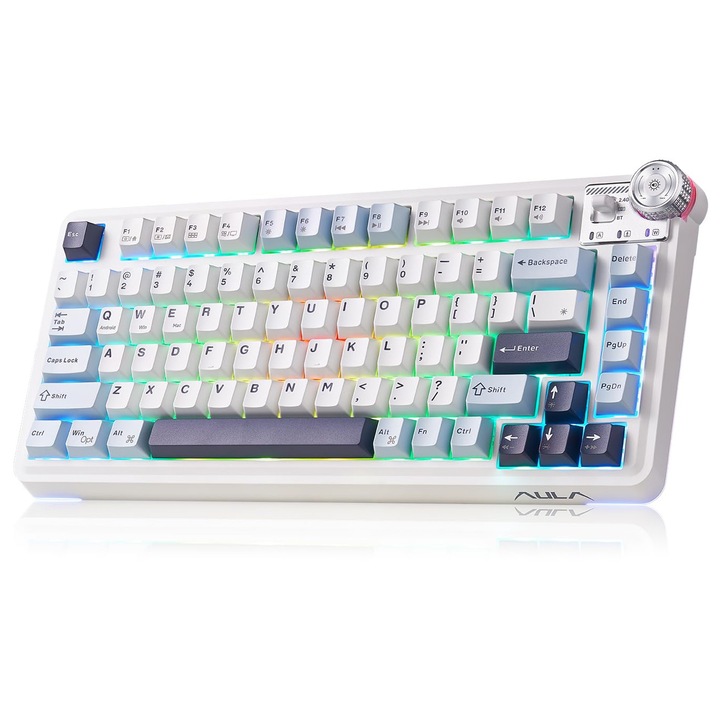 Механична клавиатура Aula, 75% hot-swappable, програмируема, гейминг, безжична, RGB подсветка, предварително смазани линейни суичове, трирежимен BT5.0/2.4GHz/USB-C, за компютър Win/Mac, creamy