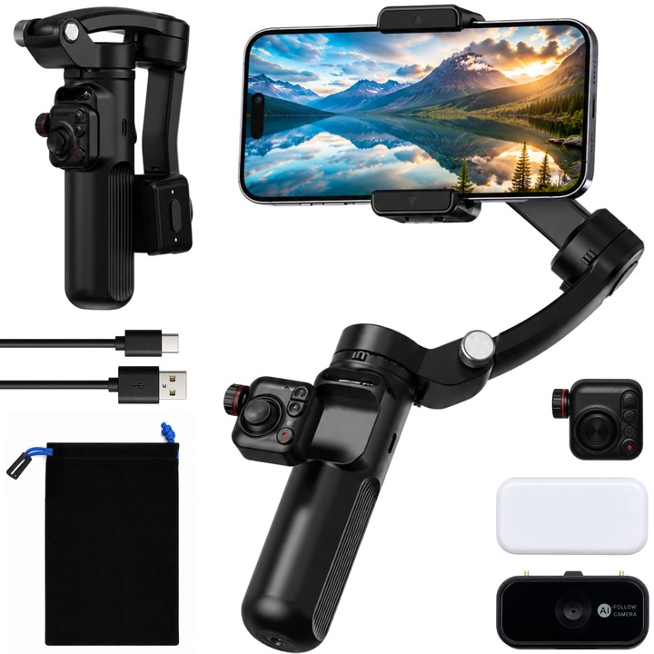 Gimbal Telefon Stabilizátor MANDAT™, 3 tengelyes, AI mágneses követő és arcfelismerő modul, AI gesztusvezérlés, állvány, tárolótáska, USB-C kábel, vezeték nélküli távirányító és LED lámpa mellékelve