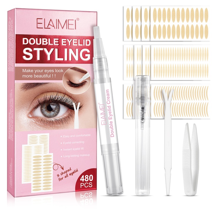 Set accesorii machiaj Elaimei, plasturi pleoape duble, crema fixare, invizibil, rezistent apa, 480 buc