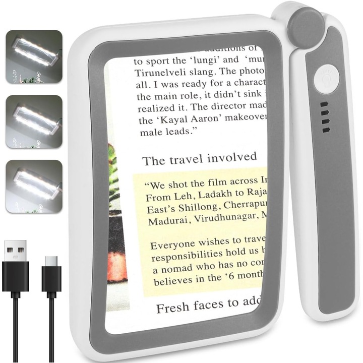 Lupa reincarcabila cu lumina pentru citit, lupa de format mare 4X cu lumina LED, pliabila si portabila pentru citirea caracterelor mici