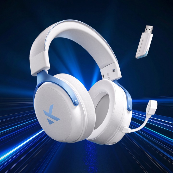 MCHOSE V9 PRO vezeték nélküli gamer fejhallgató 7.1 térhatású hangzással PS5, PS4, PC, SWITCH konzolokhoz, TOPSPEED gamer fejhallgató, zajszűrős mikrofon, 250 órás akkumulátor, alacsony, 15 ms-os késleltetés, könnyű, BT 5.3 FPS játékokhoz, fehér-kék