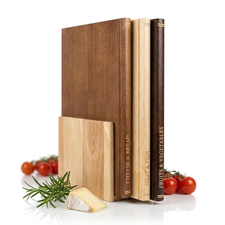 Set 3 Tocatoare VIVIE din Lemn Masiv cu Suport, Model Tip Carte, Profesional pentru Bucatarie, Design Unic si Elegant, Ideal pentru Carne, Legume, Branzeturi si Paine, Platou Servire, Cadou Casa Noua