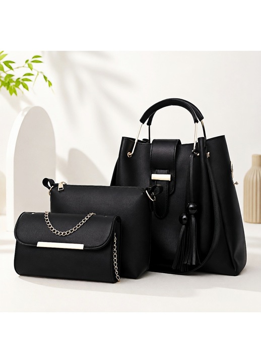 LUXWTB Set 3 Geanta Dama PU, Negru, Tote & Geanta de umar, Capacitate Mare - Geanta Tote, Geanta Mica, Punga Portofel, potrivit zi de zi si Calatorii, Cadou Perfect