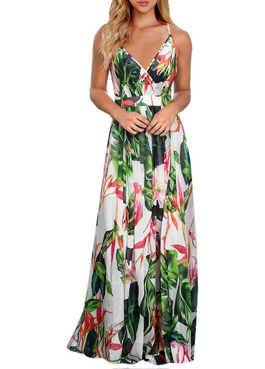 Rochie Maxi, imprimeu floral, decolteu adanc in V, spate criss-cross, bretele reglabile, material chimic