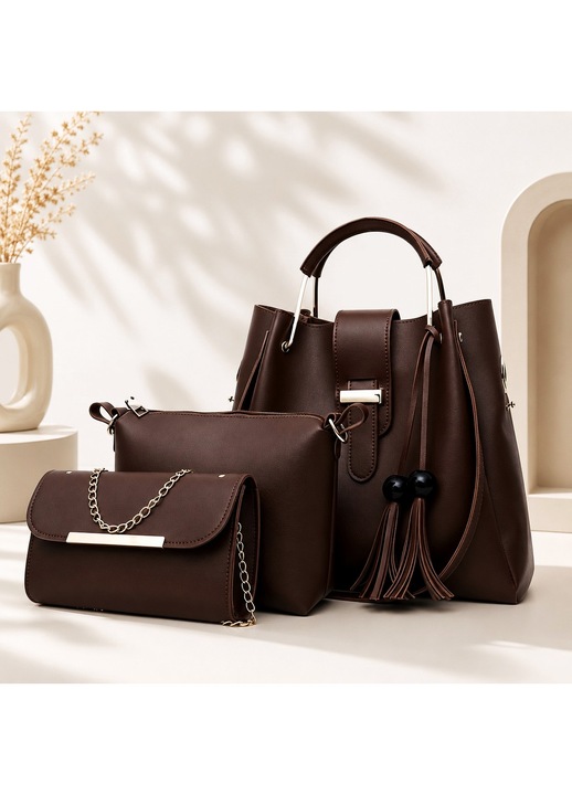 LUXWTB Set 3 Geanta Dama PU, Coffee, Tote & Geanta de umar, Capacitate Mare - Geanta Tote, Geanta Mica, Punga Portofel, potrivit zi de zi si Calatorii, Cadou Perfect