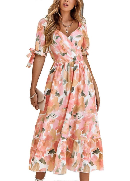 Rochie maxi, imprimeu floral, maneci bufante, decolteu in V, roz, 100% poliester, L INTL