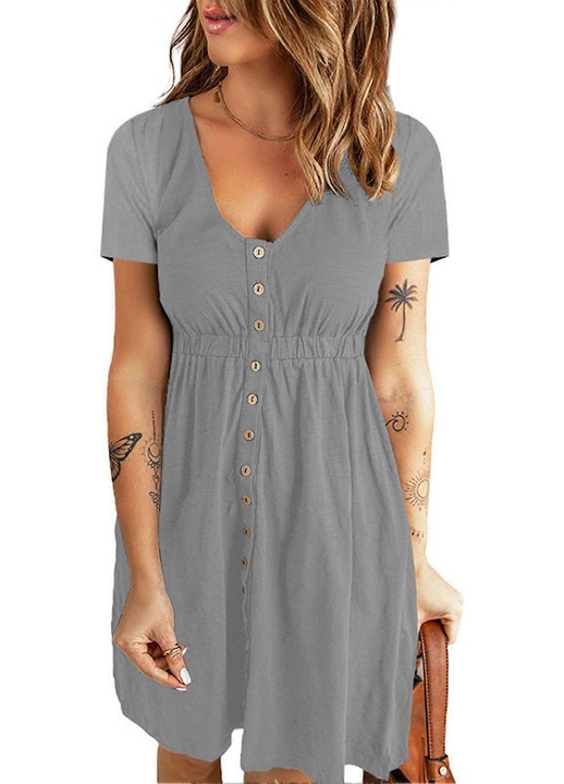 Rochie, decolteu in V, maneca scurta, talie inalta, gri deschis, primavara-vara