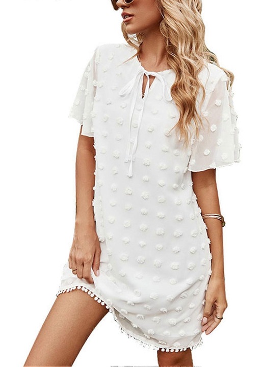 Rochie de dama, buline, decolteu in V, maneca scurta, lejera, alba, poliester, XL INTL