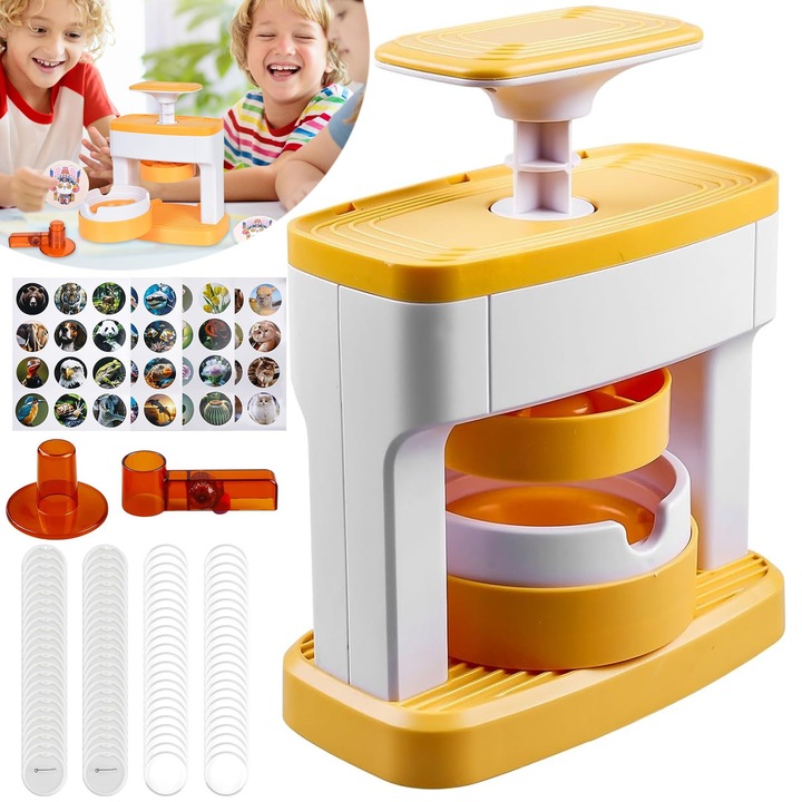 Masina de facut insigne, DIY set, 55 mm.plastic+metal, Usor de utilizat, stimuleaza imaginatia, abilitatile practice ale copiilor. Companie, scoala, schimb de cadouri.Include 48 autocolante, 48 insigne, 1 Instrument de taiere.15*6.9*12.5 cm, galben