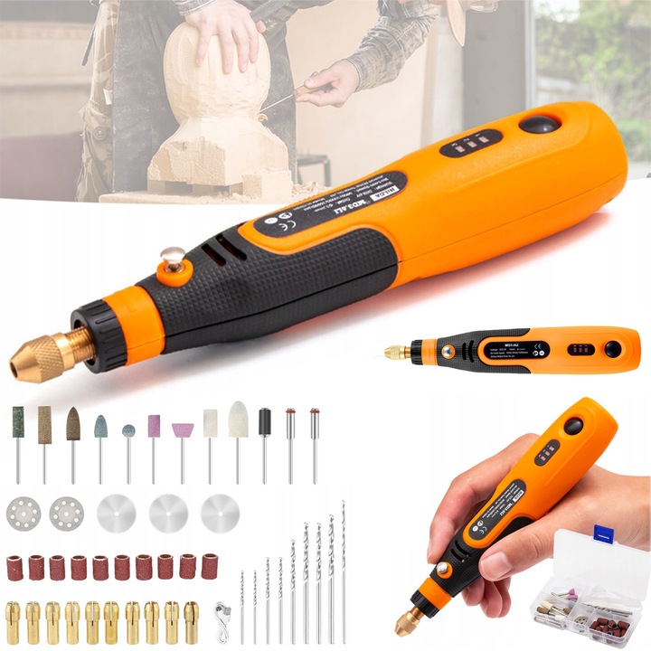 Set Minibormasina, Stilou de sculptura, Include 46 de accesorii.Unelte de slefuit.900mAh/3.6V, 3 viteze reglabile.Usor si reincarcabil.Pentru sculptura, taiere, prelucrare, slefuire, lustruire si alte operatiuni pe piatra, sticla sau metal.163*30mm