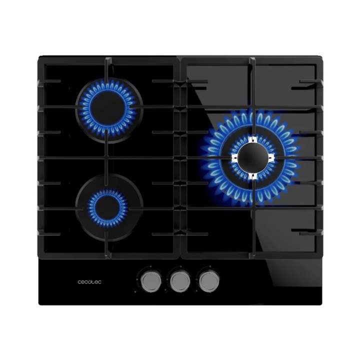 Plita incorporabila pe gaz Cecotec, Bolero Squad GN, latime 58 cm, putere 6.25 kW, alimentare gaz natural/kit conversie inclus, 3 arzatoare, 1 WOK 3.5 kW, grilaje din fonta solida, comutatoare rotative, aprindere electrica, valva de siguranta, negru