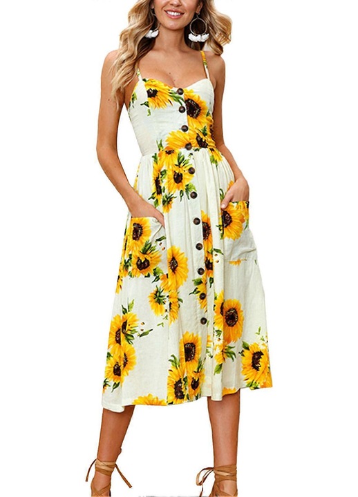 Rochie de vara, imprimeu floral, galben, poliester, cu bretele reglabile, fara maneci, cu buzunare, M INTL