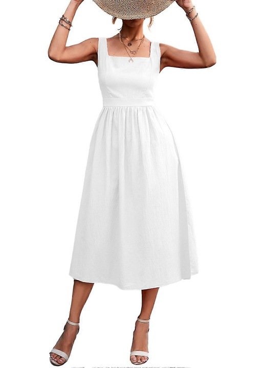 Rochie tip furou, decolteu patrat, fermoar, culoare alba, material lejer, asortat cu curea (nu este inclusa), S INTL