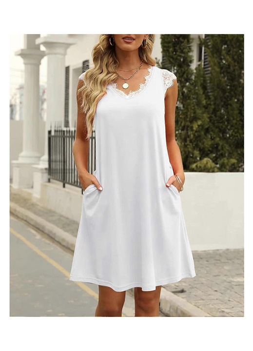 Rochie de dama, cusaturi din dantela, guler in V, tiv lejer, alb, poliester