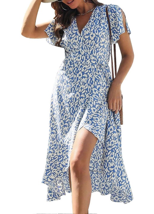 Rochie petrecuta, imprimeu floral, albastru, cu volane si curea, pentru petrecere pe plaja, XL INTL