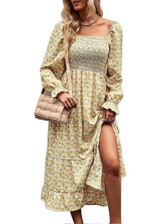 Rochie Midi Boho, imprimeu floral, croiala in A, galben