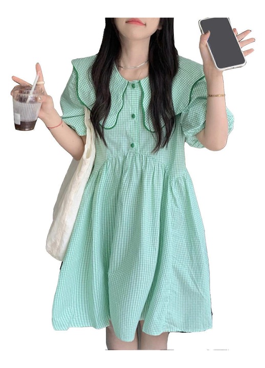 Rochie cu guler tip papusa, croiala lejera, maneci bufante, carouri, verde, poliester
