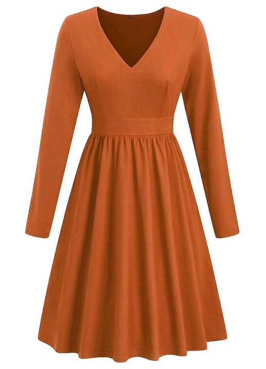 Rochie, decolteu in V, maneca lunga, casual, culoare caramel, 95% poliester