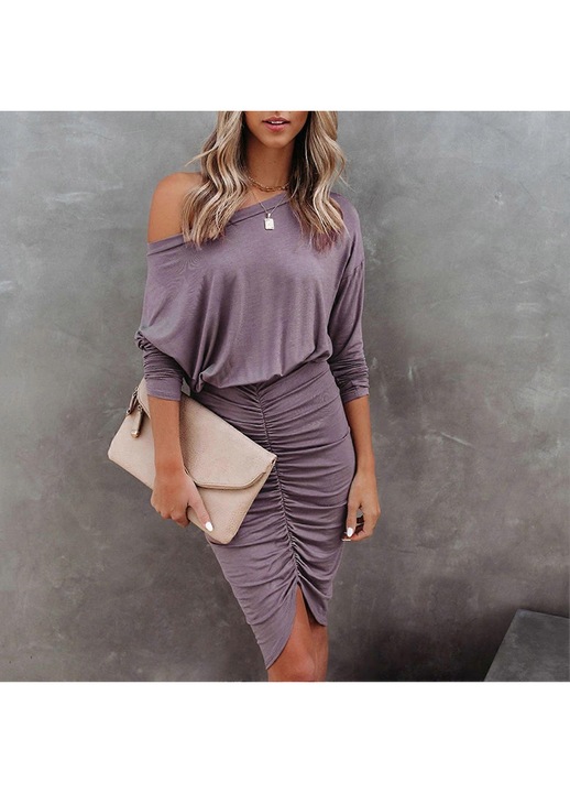 Rochie tip Pachet, mov, poliester, un umar, design cu volane