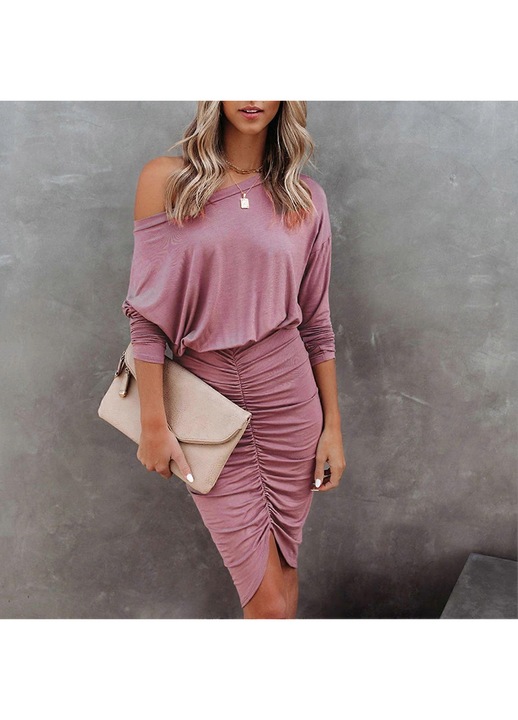 Rochie tip Pachet Sold, volane, un umar, roz, poliester
