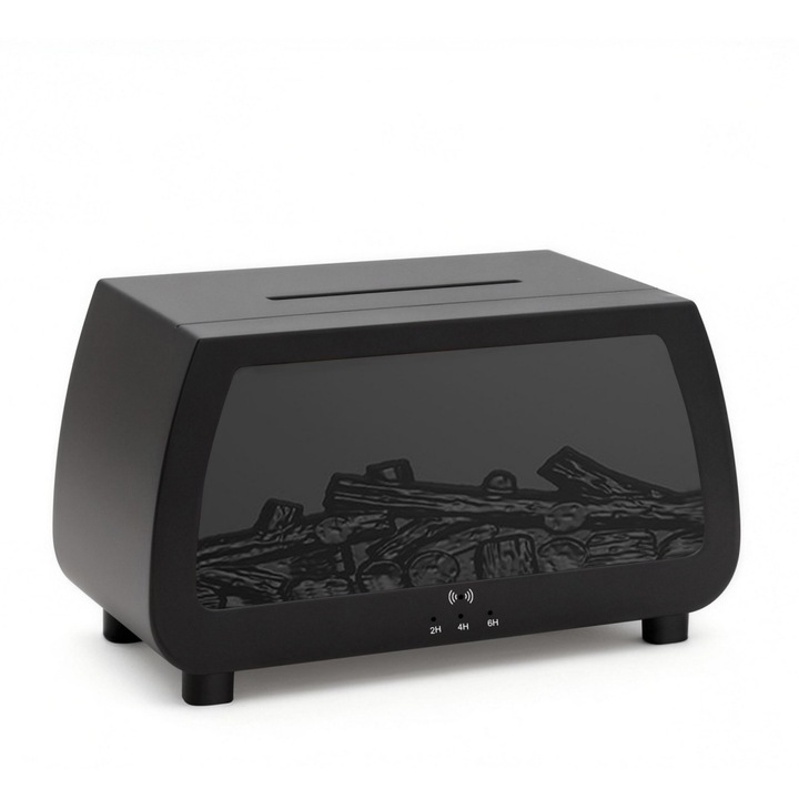 Difuzor de aroma cu efect de semineu cu carbuni, functie de temporizare, telecomanda inteligenta, functie de umidificare, 200 ml, 20 x 10, 5 x 11, 3 cm, negru