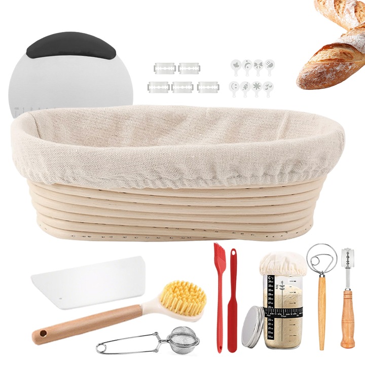 Set complet panificatie Juksun, ratan natural, borcan 730 ml, termometru, racleta, 25 cm