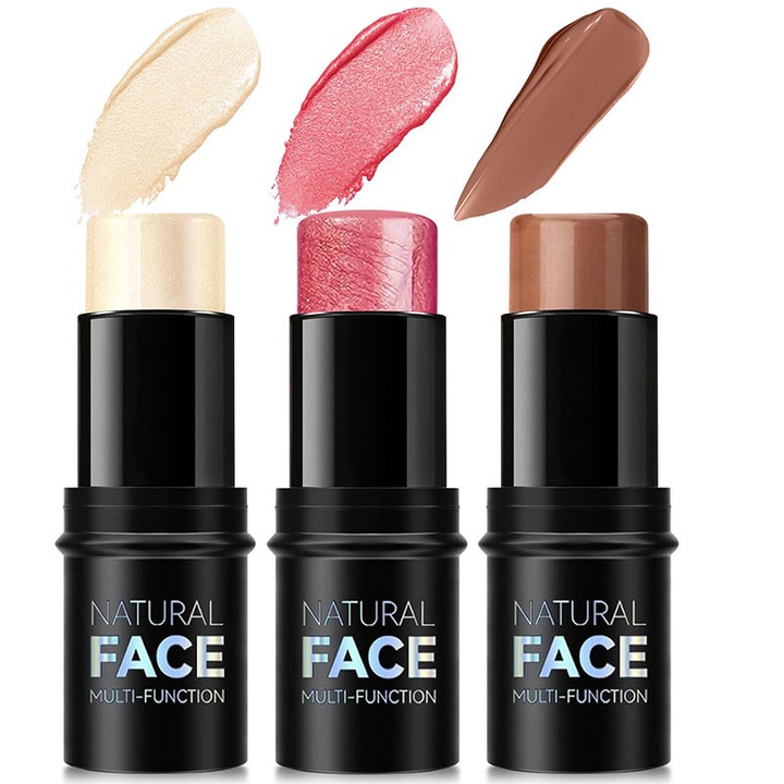 3 bucati de stick de contur, nuante cu iluminator, fard de obraz si bronzer, stick de contur pentru sculptarea obrajilor, finisaj de lunga durata, rezistent la apa, mat si cu efect de roua