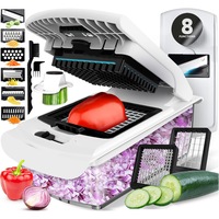 Tocator de legume ALMA, 8-in-1, tocator de legume multifunctional cu mandolina si recipient colector, 8 lame interschimbabile din inox, tocator de legume manual pentru cuburi mari si mici, feliere, julienne si razuire, cu protectie pentru degete, fara BPA