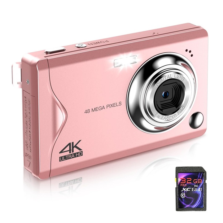 Camera digitala de 48MP, inregistrator video 4K cu zoom 16X, ecran LCD de 2 "8", baterie de 700mAh, camera compacta portabila pentru vlogging, calatorii si fotografie, Roz, 1 bucata