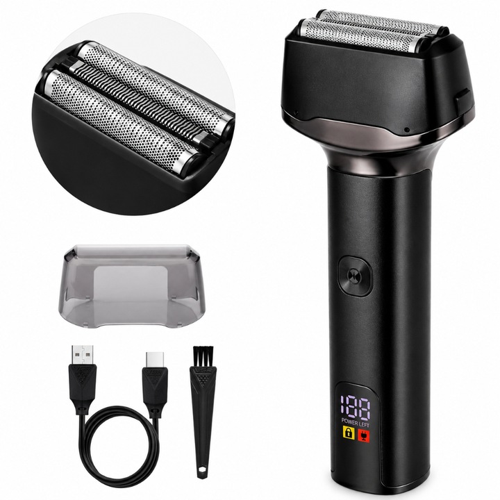 Aparat de Ras Electric, Barbierit Umed si Uscat, Shaver, Trimmer, Fara Fir, Afisaj Digital LED, Rezistent la Apa IPX5, Lame Duble, Blocare Calatorie, Autonomie 70 Minute, Portabil, Perie Curatare, Cablu USB Type-C, Capac de Protectie Inclus, Negru