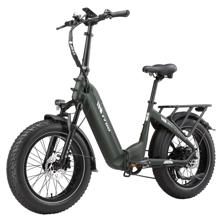 Bicicleta Electrica Pliabila Fat Bike TTGO F6 Boost 20", Motor 250W, Baterie 48V 18Ah 864Wh, Autonomie 140 km, Shimano 7 Viteze, Frane Hidraulice, Suspensie Fata, LCD, 25 km/h, Verde