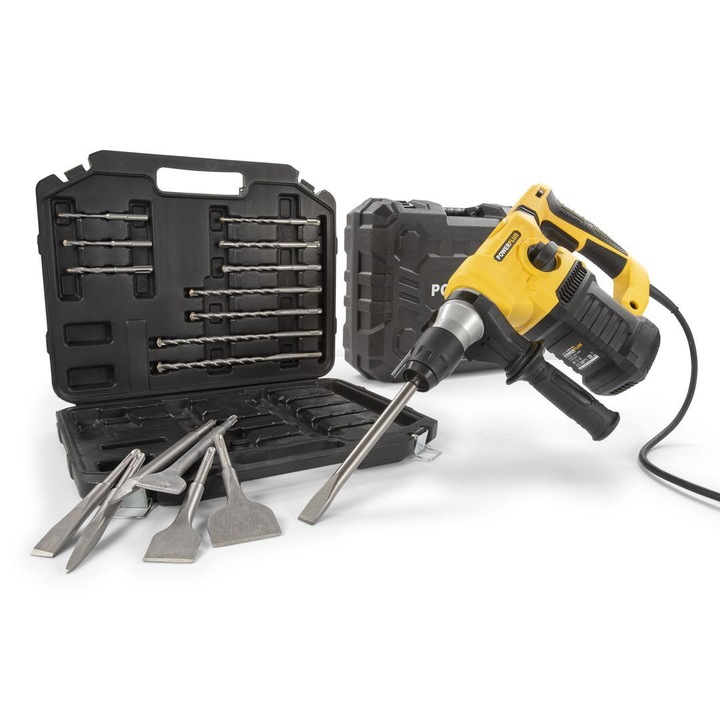 Ciocan rotopercutor Powerplus POWX1199, 1500W, 300-800 RPM, turatie reglabila, mandrina SDS plus, 17 accesorii, 8 burghie, 5 dalti, 2 spituri, 2 cutii pvc