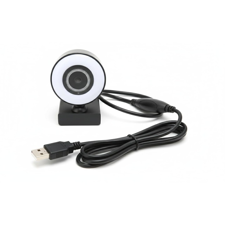 Webkamera 1080p állítható LED világítással és digitális mikrofonnal, valós idejű streaming, rugalmas, fekete
