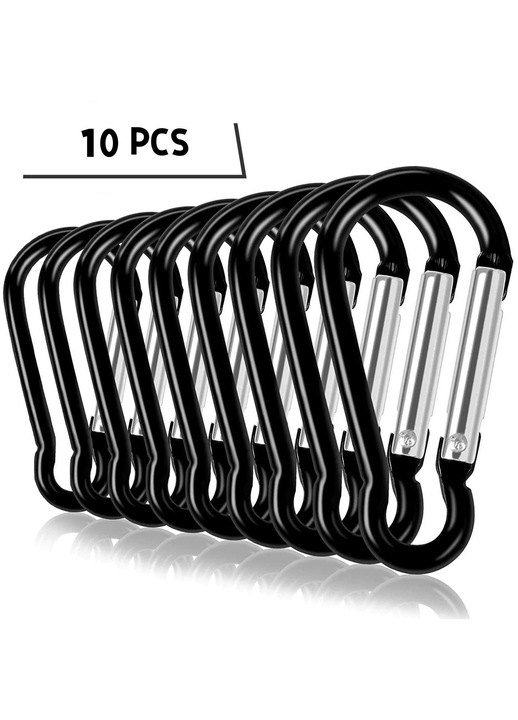 Tartós fekete alumínium karabiner készlet, 10 db, 42x20.3mm