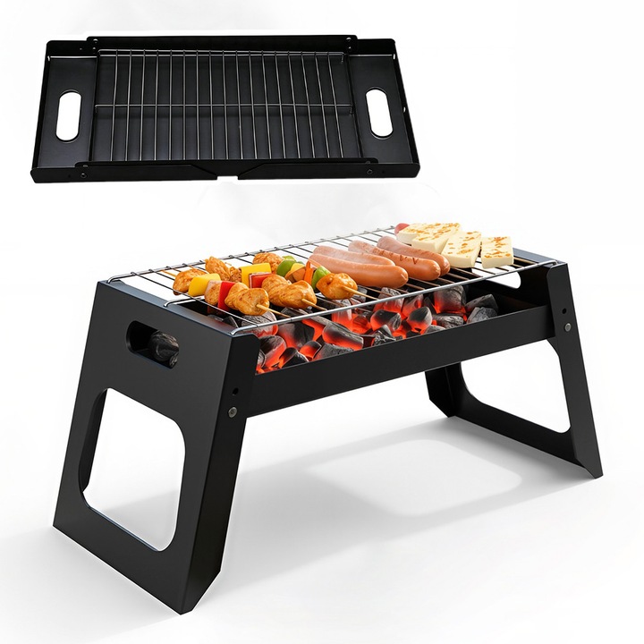 Gratar Portabil Pliabil, Tigara de Gratar Portabila si Plicabila pentru Camping, BBQ Mini Grill in Negru, 34*22*21.5cm, Cuptor de gratar cu foc de carbune