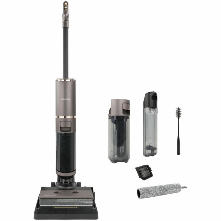 Aspirator vertical Heinner AquaFusionPro HSFW-PB160DRYBK, Uscare cu aer cald a periei, Auto-curatare, Aspirare uscata/umeda si spalare, Motor BLDC, Acumulator Li: 22.2V, 3000mah, Display LED, Avertizare vocala, Putere: 160W, 2 viteze, HEPA, Gri antracit