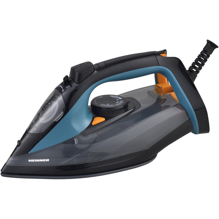 Fier de calcat Heinner CeramiSoft HSI-A2400BLBK, 2000-2400W, Talpa invelis ceramic, Calcare uscata/pulverizare/jet abur, Debit abur >20g/min, Capacitate rezervor apa: 300ml, Autocuratare, Functie anti-picurare, Filtru anticalcar detasabil, Albastru/Negru