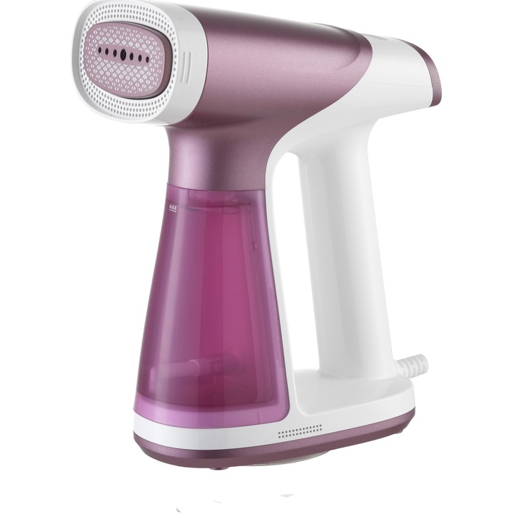 Aparat de calcat vertical cu functie aspirare Heinner SilkCare HGS-A1500VPNK, 1300-1550W, Talpa invelis ceramic, Aspirare doua trepte de viteza, 2 trepte debit abur: 15-25/10-15 g/min, Capacitate rezervor apa: 180ml, Alb/Roz spray