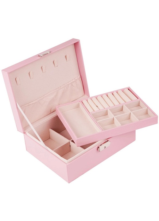 Cutie bijuterii YANYXR piele roz 23x17x9cm capacitate mare cu lacat
